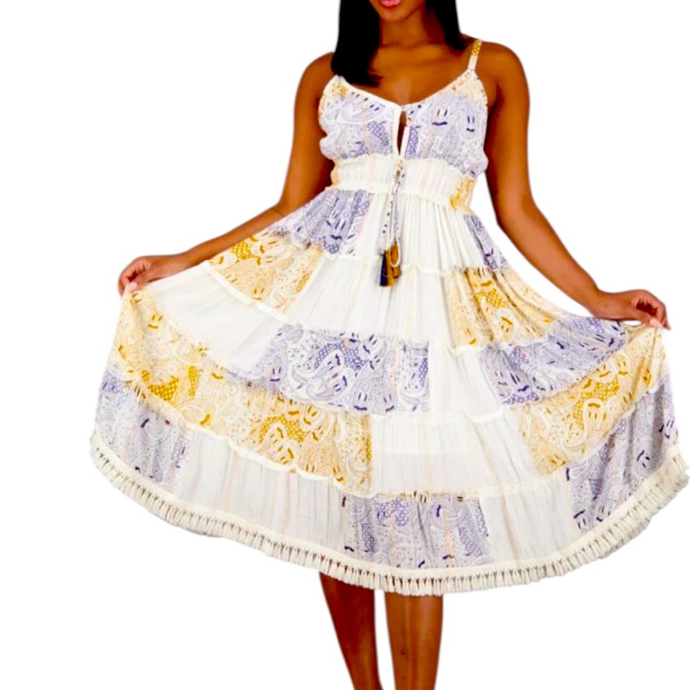 Bohemian Lace Maxi Dress in White, Yellow, and Purple